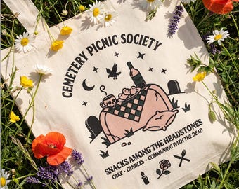 Cemetery Picnic Society Tote Bag: Natural Canvas Goth Shopper • Dark Academia Book Bag