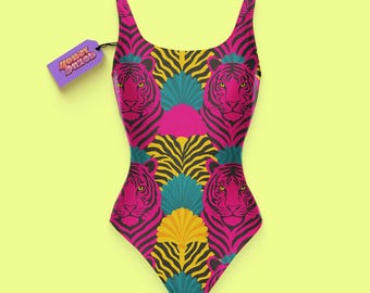 Tiger Print Einteiler Badeanzug - Retro Rave Style