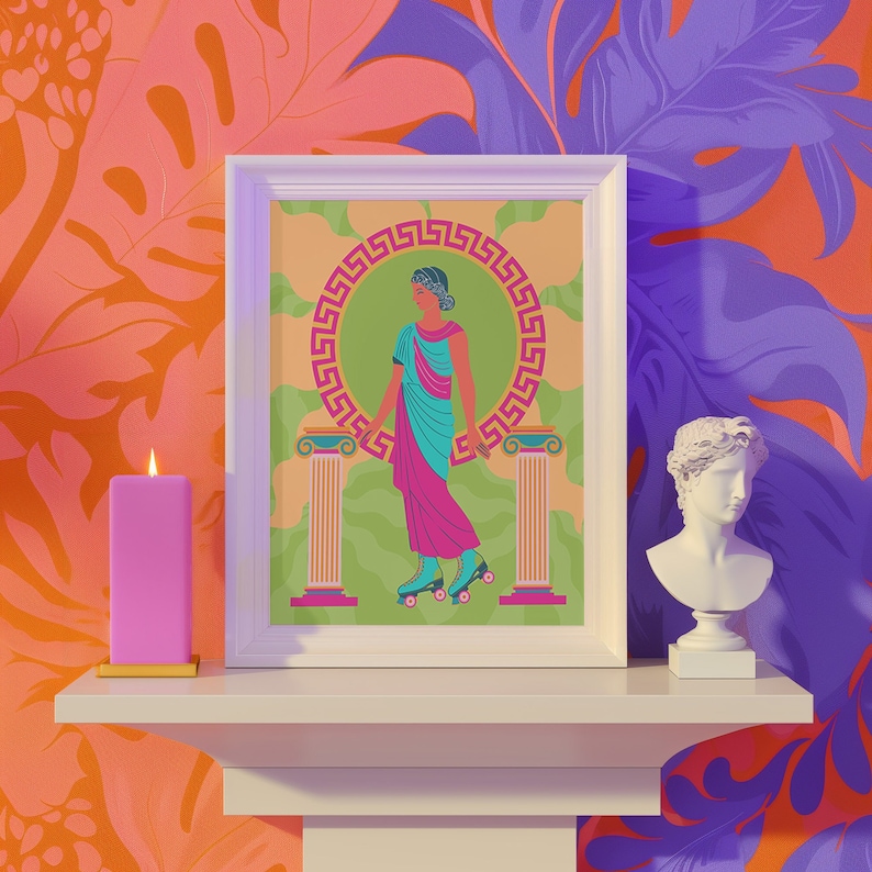 Grecian goddess in a teal toga roller skating between columns, vibrant maximalist art print in pink, orange, and green hues.