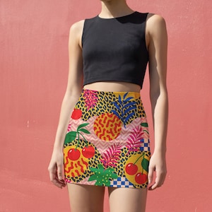 Tropical Maximalist Mini Skirt, Leopard Cherry Pineapple Print, Y2K Bodycon Pencil Skirt for Festival Rave Wear, Retro Summer Fashion