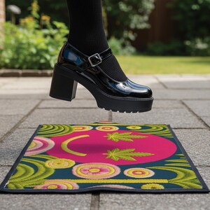 A rectangular doormat featuring a large hot pink smiley face on a deep teal background. The smiley face has green cannabis leaves for eyes and a yellow stitched-style smile. The central face is surrounded by stylized green foliage arches and concentric circles in pink, yellow, and white, resembling abstract flowers. The design mimics a vintage needlepoint or tapestry texture but is a flat print. The mat has a solid black trim border.