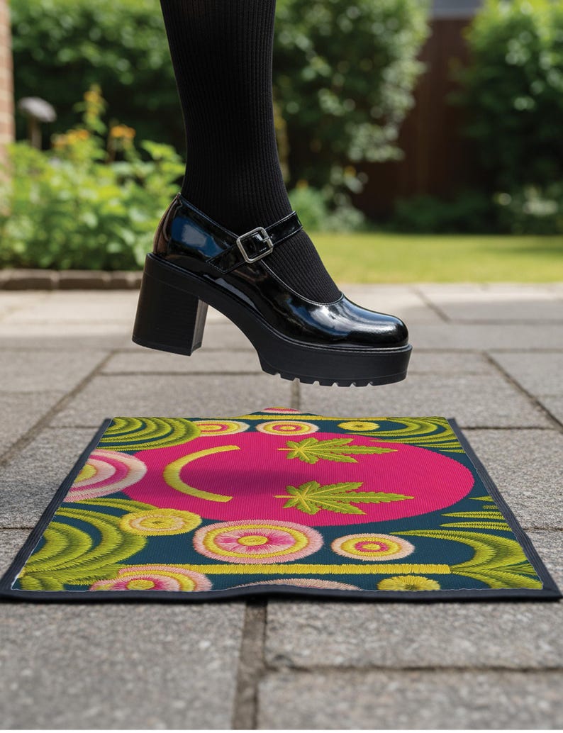 A rectangular doormat featuring a large hot pink smiley face on a deep teal background. The smiley face has green cannabis leaves for eyes and a yellow stitched-style smile. The central face is surrounded by stylized green foliage arches and concentric circles in pink, yellow, and white, resembling abstract flowers. The design mimics a vintage needlepoint or tapestry texture but is a flat print. The mat has a solid black trim border.