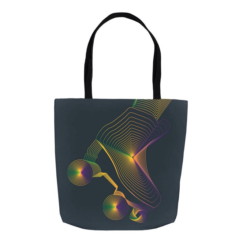 K&ouml;nnte beinhalten: Eine dunkelgraue Tragetasche mit einem farbenfrohen Line-Art-Design eines Rollschuhs. Das Design ist in Gelb-, Gr&uuml;n- und Lilat&ouml;nen gehalten.