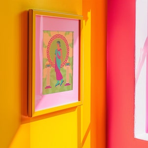 Grecian goddess in a teal toga roller skating between columns, vibrant maximalist art print in pink, orange, and green hues.