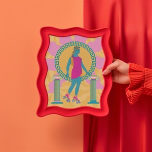 Art print of a Greek goddess on roller skates, with neon colors and Greek key patterns. Perfect for maximalist and eclectic home decor.