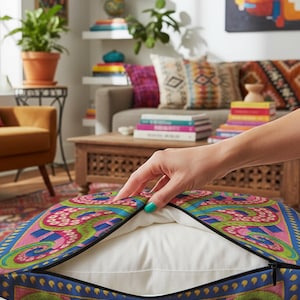 A square decorative throw pillow cover featuring a highly symmetrical bright octopus design. The octopus has a turquoise blue body with a diamond patterned head and eight curled tentacles detailed in bright pink and lime green. The background is a repeating diamond argyle pattern in royal blue and light pink. The artwork is a flat two dimensional print that mimics the textured look of intricate crewelwork embroidery. The pillow features a hidden zipper on the bottom edge. No insert included.