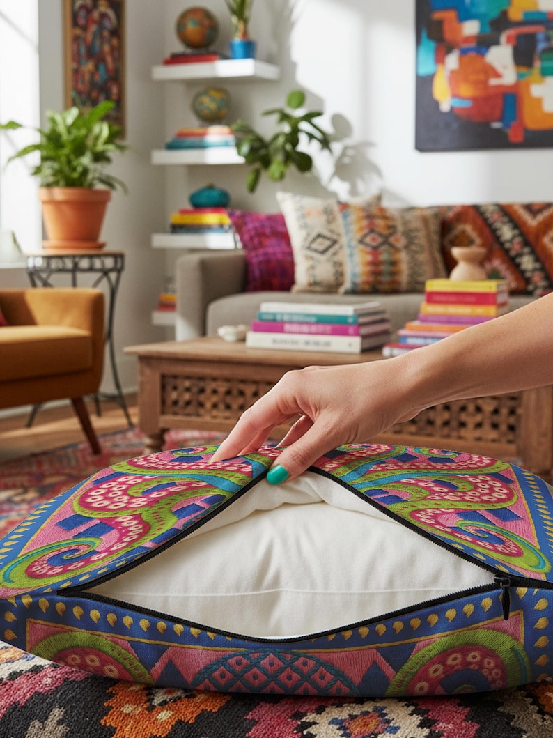 A square decorative throw pillow cover featuring a highly symmetrical bright octopus design. The octopus has a turquoise blue body with a diamond patterned head and eight curled tentacles detailed in bright pink and lime green. The background is a repeating diamond argyle pattern in royal blue and light pink. The artwork is a flat two dimensional print that mimics the textured look of intricate crewelwork embroidery. The pillow features a hidden zipper on the bottom edge. No insert included.