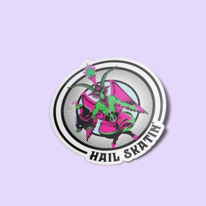 Vibrant 'Hail Skatin'' sticker featuring a colorful goat demon with roller skates, embodying a quirky mix of satanic and skate culture. Perfect for adding some edgy flair to your belongings.