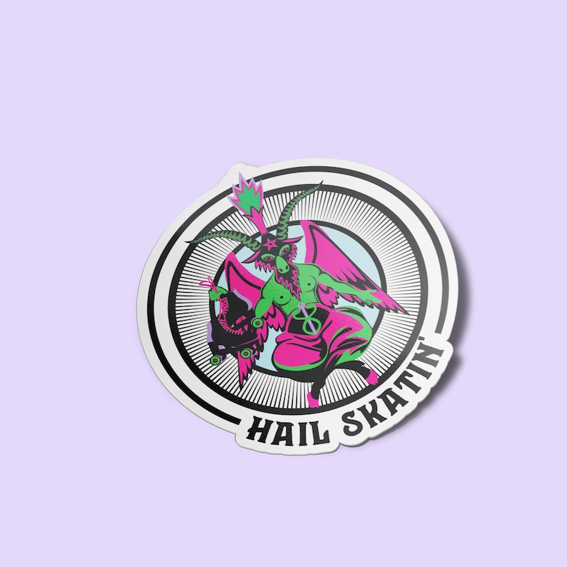 Vibrant 'Hail Skatin'' sticker featuring a colorful goat demon with roller skates, embodying a quirky mix of satanic and skate culture. Perfect for adding some edgy flair to your belongings.