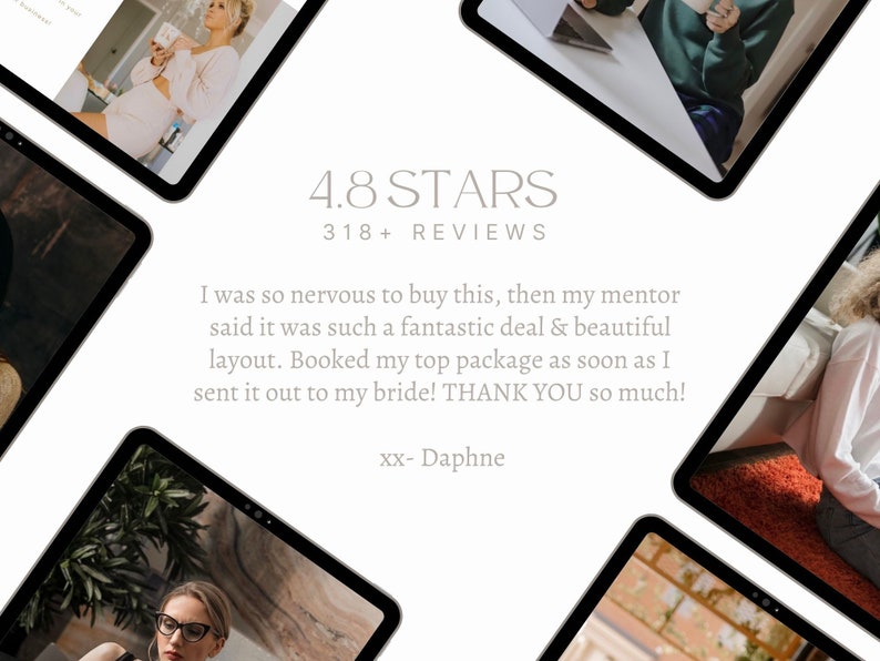 May include: Image featuring multiple tablets displaying content, surrounded by a white background. The text "4.8 STARS" and "318+ REVIEWS" is visible. A customer review is also displayed, along with the name "Daphne".