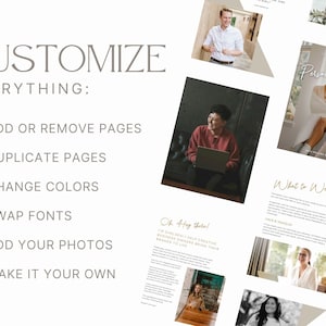 May include: A digital marketing guide with the word "CUSTOMIZE" at the top. The guide includes options to add or remove pages, duplicate pages, change colors, swap fonts, add photos, and make it your own. Several lifestyle photos are included.