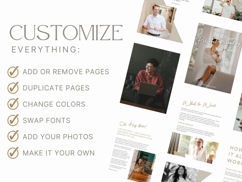 May include: A digital marketing guide with the word "CUSTOMIZE" at the top. The guide includes options to add or remove pages, duplicate pages, change colors, swap fonts, add photos, and make it your own. Several lifestyle photos are included.