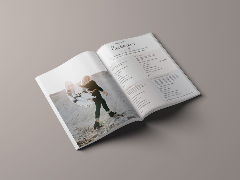 May include: Open book with a photography package price list on the right page and a photo of a woman wearing a black shirt and a white and black scarf on the left page.
