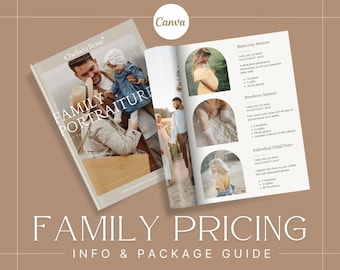 May include: A brochure with a white background and black text titled "Family Portraiture" and "Family Pricing Info & Package Guide". The brochure features photos of families and information about different photography packages, including maternity, newborn, and individual child/teen sessions.
