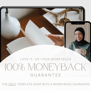 May include: A digital mockup featuring a tablet and a smartphone. The tablet displays a notebook with open pages, while the phone shows a person holding a mug. Text overlay reads "LOVE IT, OR YOUR MONEYBACK" and "100% MONEYBACK GUARANTEE".