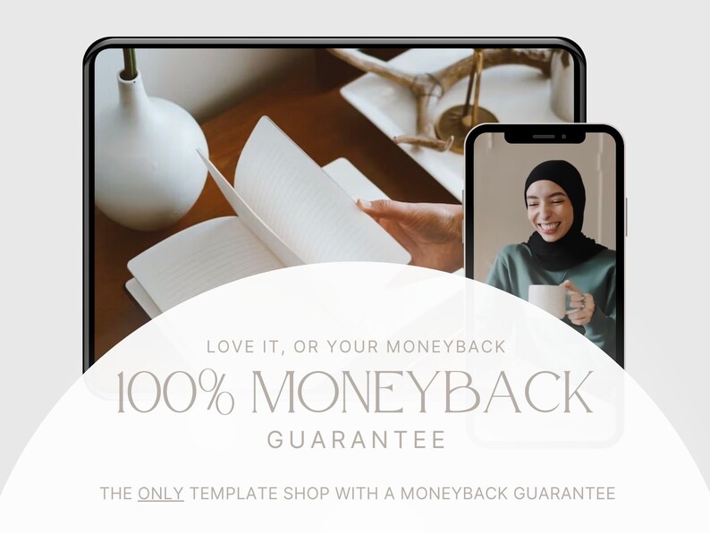 May include: A digital mockup featuring a tablet and a smartphone. The tablet displays a notebook with open pages, while the phone shows a person holding a mug. Text overlay reads "LOVE IT, OR YOUR MONEYBACK" and "100% MONEYBACK GUARANTEE".