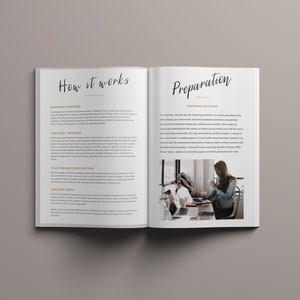 May include: A book with the title "How it works" and "Preparation" on the cover. The book is open to a page with text about the working process, strategy session, your brand description, and session prep. The opposite page has text about choosing locations and a photo of a person sitting at a desk with a laptop and a cup of coffee.