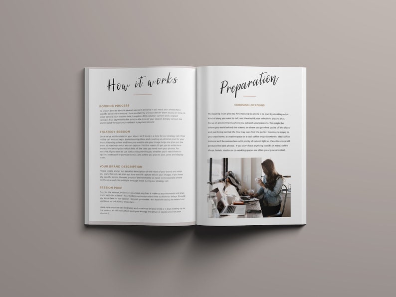 May include: A book with the title "How it works" and "Preparation" on the cover. The book is open to a page with text about the working process, strategy session, your brand description, and session prep. The opposite page has text about choosing locations and a photo of a person sitting at a desk with a laptop and a cup of coffee.