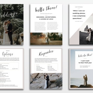 Puede incluir: Un folleto de fotograf&iacute;a de bodas con fondo blanco y texto negro. El folleto presenta im&aacute;genes de parejas en diversos entornos, incluyendo un bosque, una playa y un paisaje rocoso. El texto incluye las palabras "Wedding's", "hello there!", "Options", "Keepsakes" y "Let's do this!"