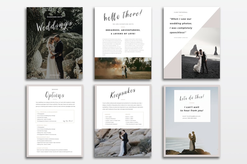 Puede incluir: Un folleto de fotograf&iacute;a de bodas con fondo blanco y texto negro. El folleto presenta im&aacute;genes de parejas en diversos entornos, incluyendo un bosque, una playa y un paisaje rocoso. El texto incluye las palabras "Wedding's", "hello there!", "Options", "Keepsakes" y "Let's do this!"