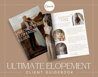 Puede incluir: Una guía para planificar una fuga de amor con una pareja en la portada. La guía se titula "Unforgettable Elopement Guide" y presenta el texto "Let's Do This" en la página interior.