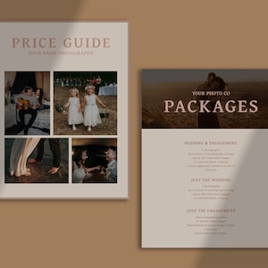 May include: A price guide for wedding and engagement photography packages. The guide includes three packages: Wedding & Engagement, Just the Wedding, and Just the Engagement. Each package includes a description of the services offered, such as the number of hours of coverage and the number of edited images.
