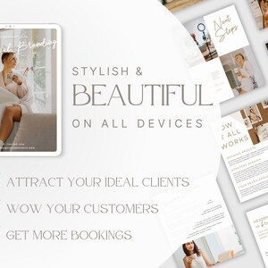 May include: A digital marketing presentation with the words "Personal Branding" and "Stylish & Beautiful on All Devices." The presentation includes images of a woman, text, and checkmarks with the phrases "Attract Your Ideal Clients," "Wow Your Customers," and "Get More Bookings."