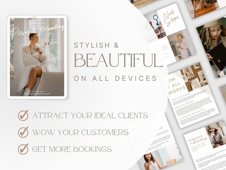 May include: A digital marketing presentation with the words "Personal Branding" and "Stylish & Beautiful on All Devices." The presentation includes images of a woman, text, and checkmarks with the phrases "Attract Your Ideal Clients," "Wow Your Customers," and "Get More Bookings."