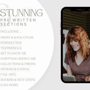 May include: A smartphone displays a smiling person with red hair, wearing a maroon v-neck shirt, and using a laptop. The phone is set against a white background with text that reads "16 Stunning Pre Written Sections" including "Front & Back Cover" and "Introduction."