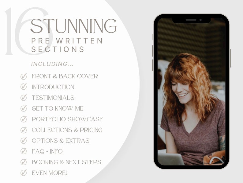 May include: A smartphone displays a smiling person with red hair, wearing a maroon v-neck shirt, and using a laptop. The phone is set against a white background with text that reads "16 Stunning Pre Written Sections" including "Front & Back Cover" and "Introduction."
