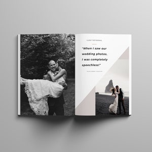 Puede incluir: Una fotograf&iacute;a en blanco y negro de una pareja en su d&iacute;a de boda. El novio lleva a la novia en brazos. La novia lleva un vestido blanco y el novio lleva un traje. El texto "When I saw our wedding photos, I was completely speechless!" se muestra en la p&aacute;gina.