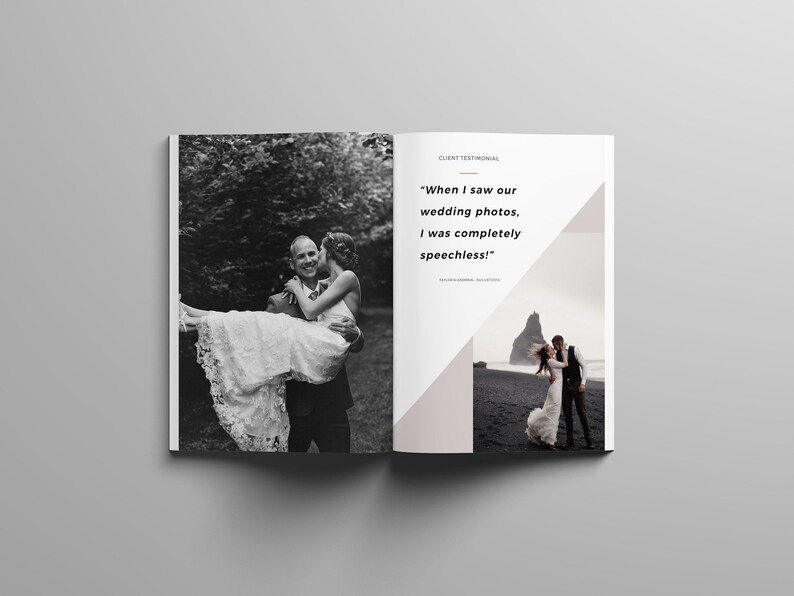 Puede incluir: Una fotograf&iacute;a en blanco y negro de una pareja en su d&iacute;a de boda. El novio lleva a la novia en brazos. La novia lleva un vestido blanco y el novio lleva un traje. El texto "When I saw our wedding photos, I was completely speechless!" se muestra en la p&aacute;gina.