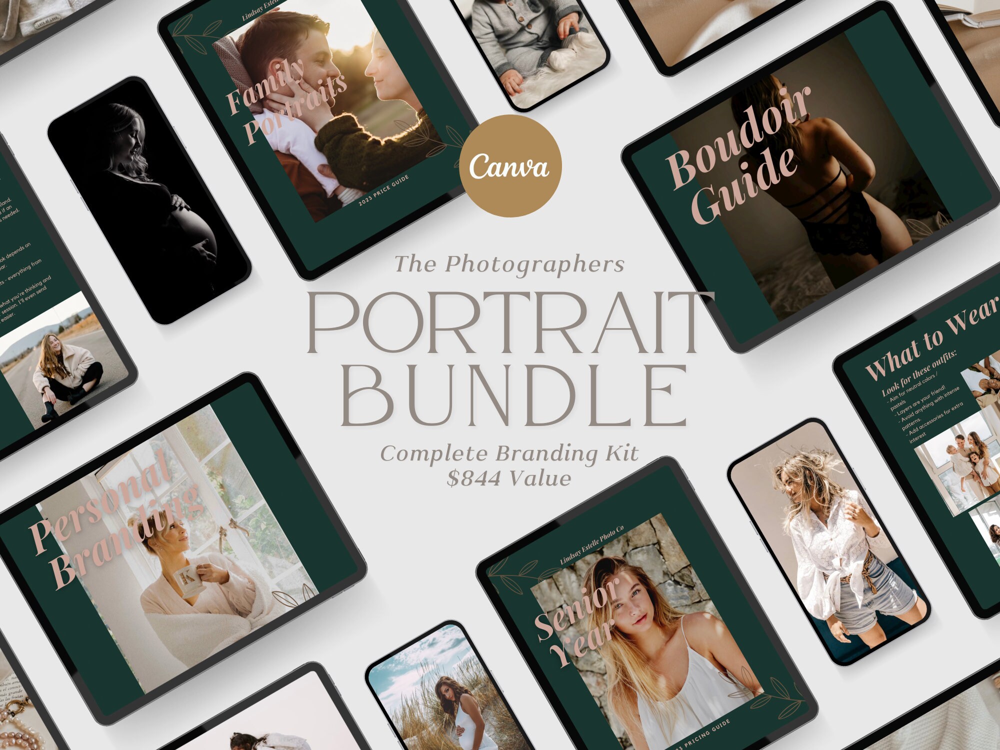 TEAL Portrait Photography Bundle: 20 Piece Portrait Photographer Branding Bundle 844 DOLLAR VALUE Canva Photography Marketing Set