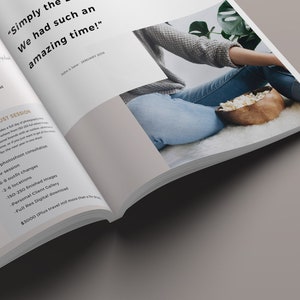 May include: A brochure with a photo of a woman sitting on a white rug with a bowl of popcorn. The brochure advertises a photography session called "Wanderlust Session" for $3000. The text on the brochure says "Simply the best. We had such an amazing time!"