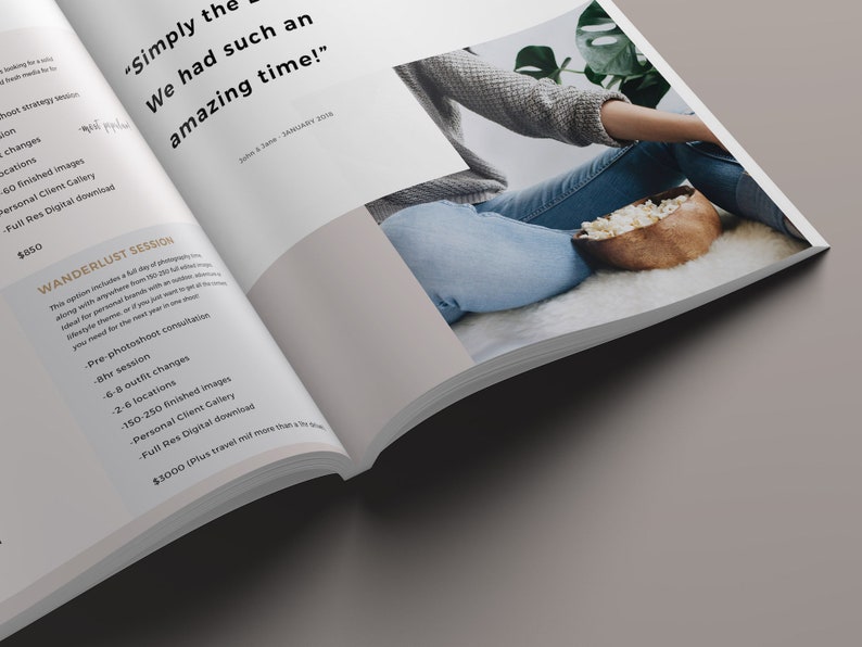 May include: A brochure with a photo of a woman sitting on a white rug with a bowl of popcorn. The brochure advertises a photography session called "Wanderlust Session" for $3000. The text on the brochure says "Simply the best. We had such an amazing time!"