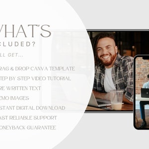 May include: Image featuring the text "WHAT'S INCLUDED?" and a list of digital product features: Drag & Drop Canva Template, Step by Step Video Tutorial, Pre Written Text, Demo Images, Instant Digital Download, Fast Reliable Support, and Moneyback Guarantee.