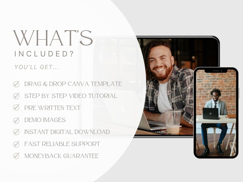 May include: Image featuring the text "WHAT'S INCLUDED?" and a list of digital product features: Drag & Drop Canva Template, Step by Step Video Tutorial, Pre Written Text, Demo Images, Instant Digital Download, Fast Reliable Support, and Moneyback Guarantee.