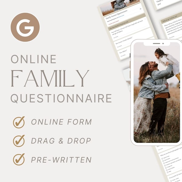 Family Photoshoot Questionnaire - Online Form Questionnaire, Drag & Drop Editing, Photography Google Form, Photographer Client Questions