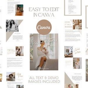 May include: A digital product guide with the title "Personal Branding" and the text "Easy to Edit in Canva." The guide includes various sections with images and text, such as "Choosing Locations," "What to Wear," and "Headshots vs. Branding."