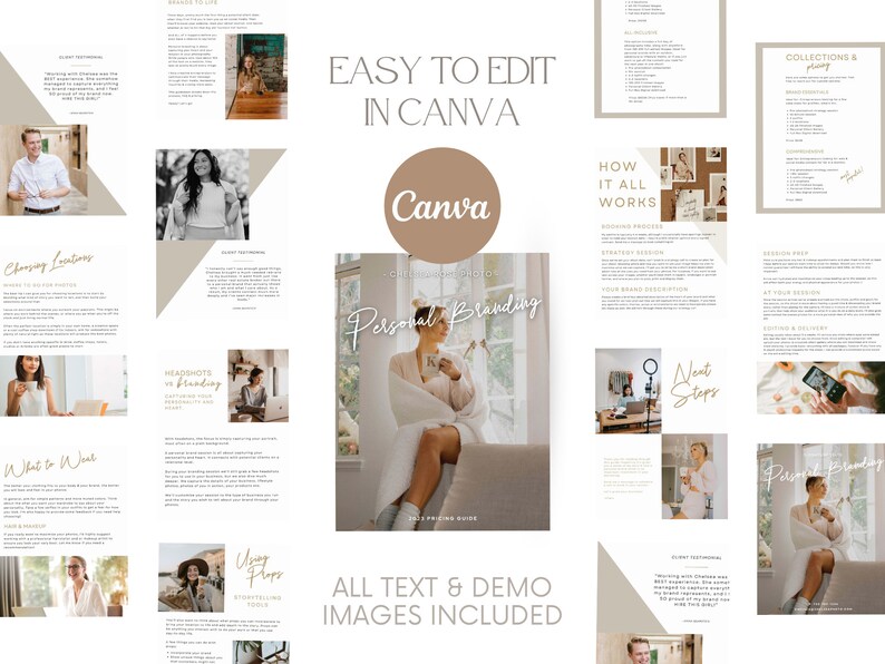 May include: A digital product guide with the title "Personal Branding" and the text "Easy to Edit in Canva." The guide includes various sections with images and text, such as "Choosing Locations," "What to Wear," and "Headshots vs. Branding."