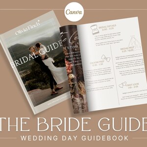 Op de afbeelding: Een bruidsgids met de titel "The Bride Guide: Wedding Day Guidebook" met een omslagfoto van een stel dat elkaar omhelst. De open pagina's tonen een gedetailleerd tijdschema voor de trouwdag, inclusief secties voor bruidsdetails, voorbereiding van de bruidegom, voorbereiding van de bruid en de eerste blik.