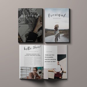 May include: A magazine cover with the title "Personal Branding" in white cursive text on a black background. The cover features a woman wearing a black sweater and a gold necklace. The magazine is open to a page with the title "hello there!" and a quote about personal branding.