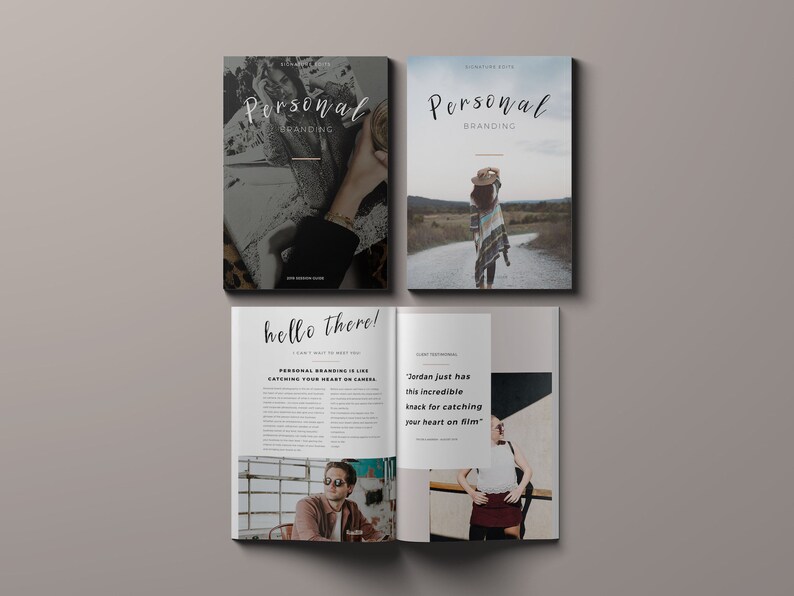 May include: A magazine cover with the title "Personal Branding" in white cursive text on a black background. The cover features a woman wearing a black sweater and a gold necklace. The magazine is open to a page with the title "hello there!" and a quote about personal branding.