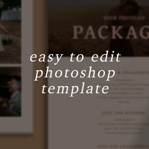 May include: A digital template for photographers to use to create wedding and engagement packages. The template is easy to edit in Photoshop and features the text "Your Photo Co. Packages easy to edit photoshop template".
