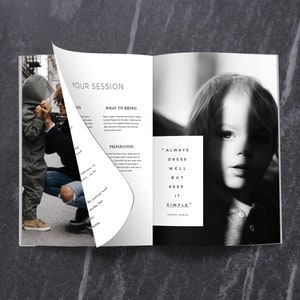 May include: A black and white photo of a child with a shadow across their face. The photo is in a magazine with text that reads "Always dress well but keep it simple."