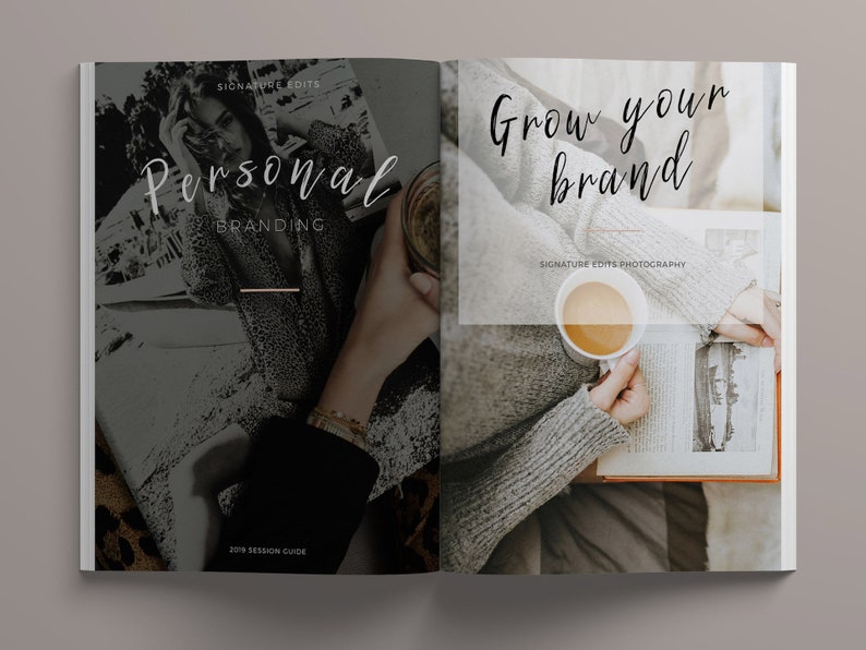 May include: A magazine cover with the text "Grow your brand" and "Personal Branding" with a photo of a person holding a cup of coffee and a book.