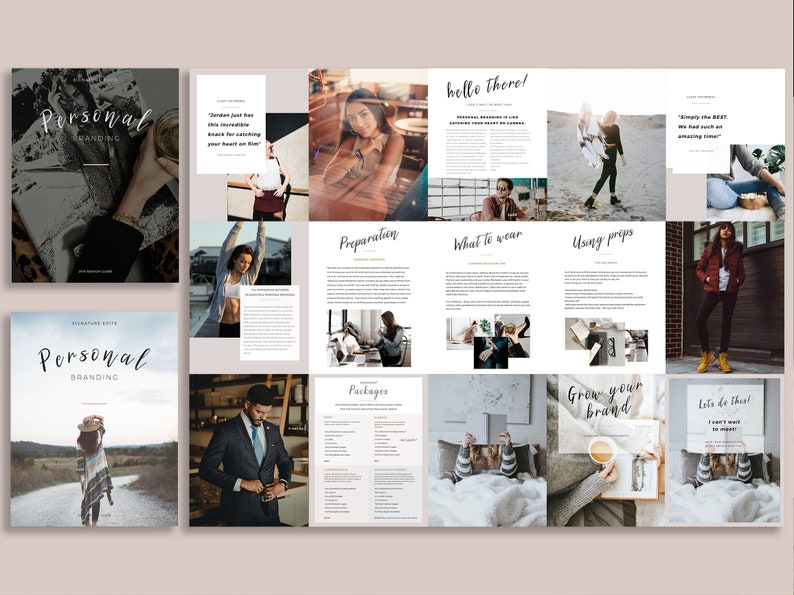 May include: A guide to personal branding with tips on preparation, what to wear, using props, and growing your brand. The guide includes images of people in various settings, including a cafe, a beach, and a bedroom.
