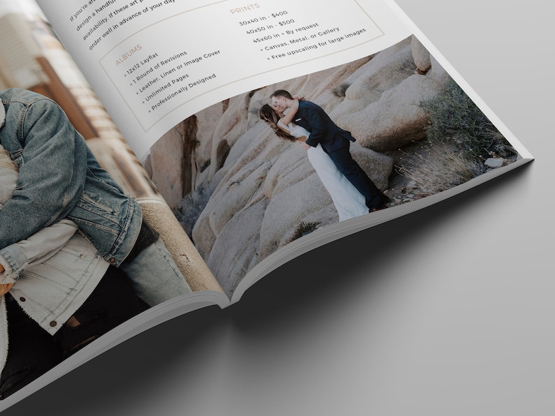 Puede incluir: Un folleto con una foto de una pareja abraz&aacute;ndose en un paisaje des&eacute;rtico. El folleto enumera los precios de las impresiones y los &aacute;lbumes. El texto dice: "PRINTS 30x40 in $400 40x50 in $500 45x50 in A petici&oacute;n Lienzo, Metal o Galer&iacute;a Escalado gratuito para im&aacute;genes grandes ALBUMS 12x12 Layflat Ronda de revisiones Cuero, Lino o Cubierta de imagen P&aacute;ginas ilimitadas Dise&ntilde;ado profesionalmente"