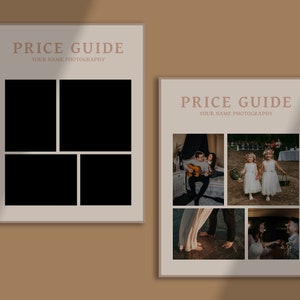 May include: Two price guides for photography services. The first guide has four empty photo frames. The second guide has four photos of a couple playing guitar, two flower girls, a couple dancing, and a couple holding hands.