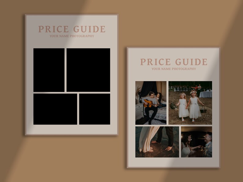 May include: Two price guides for photography services. The first guide has four empty photo frames. The second guide has four photos of a couple playing guitar, two flower girls, a couple dancing, and a couple holding hands.